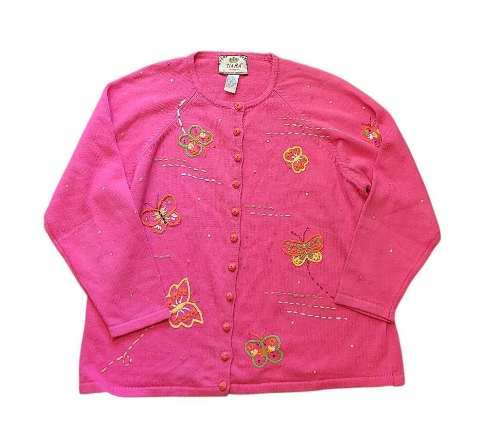 Vintage Y2K Tiara Sweater Women's 1X Pink Cardigan Butterfly Embroidered